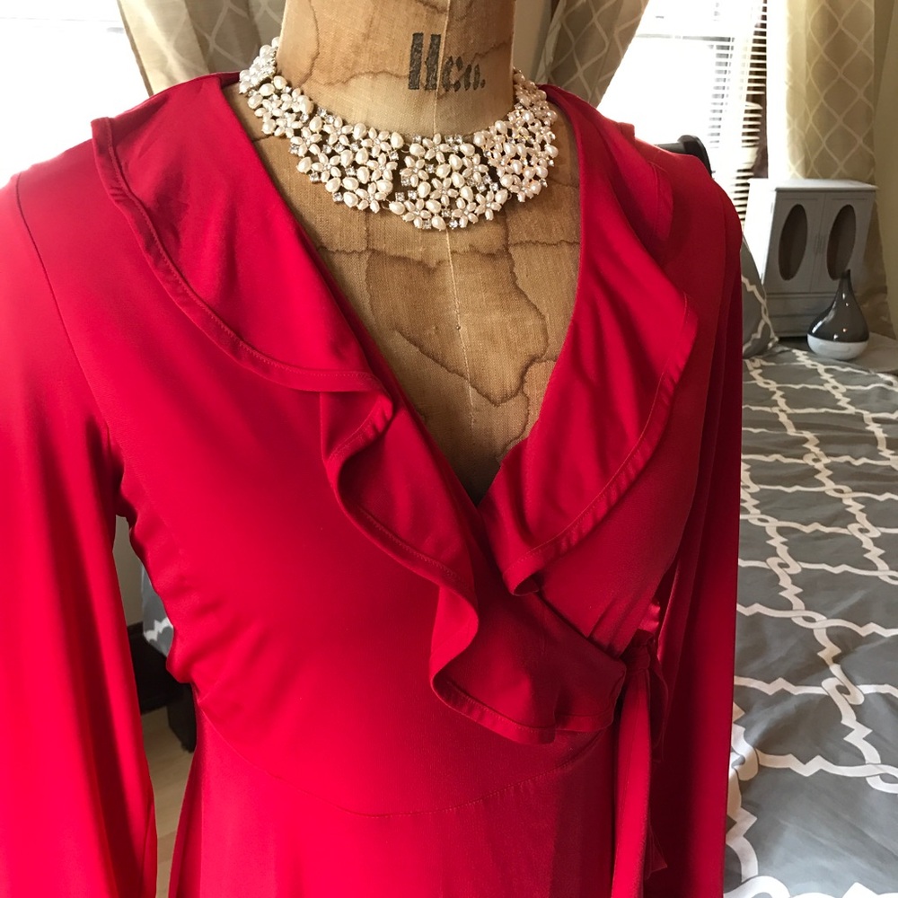 Fashion Bug Red Ruffle Wrap Dress - Picture 2 of 5